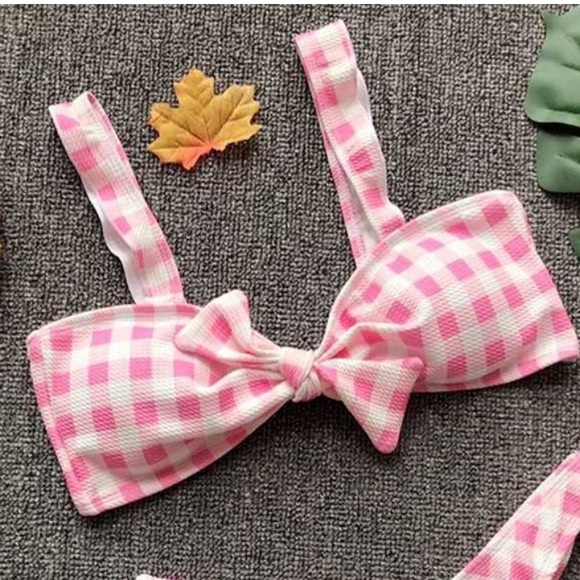 Pink white plaid gingham bikini barbie swimsuit - Picture 3 of 5